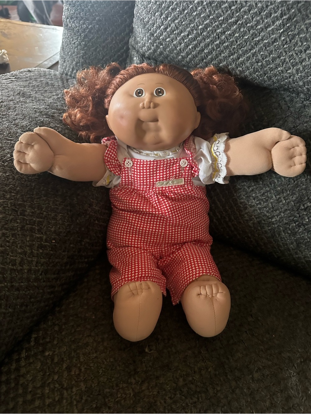 Cabbage patch Kid 1978/1982 in Red-Checked Overalls with Curly auburn hair